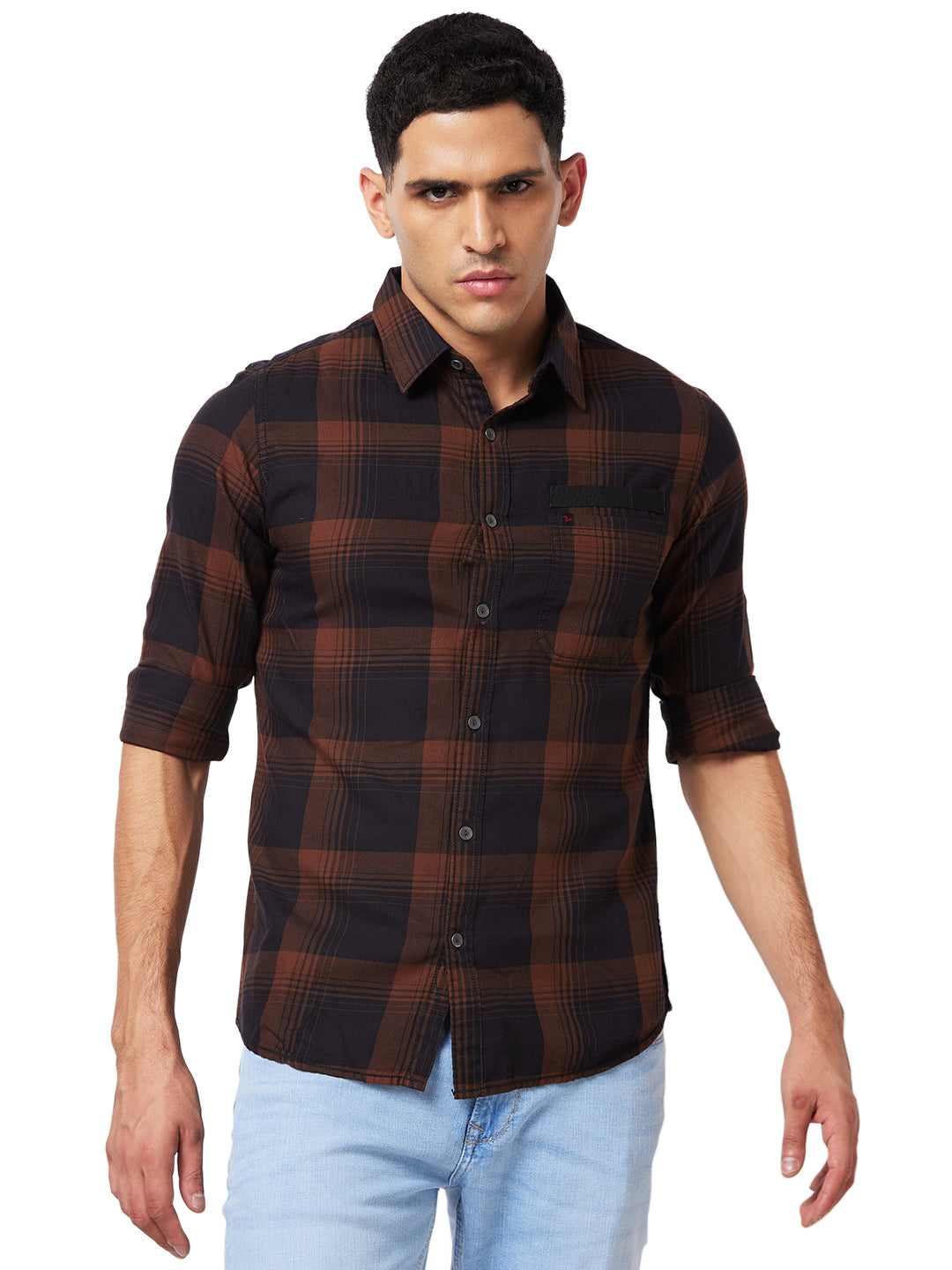 Spykar Khaki Checked Shirt For Men