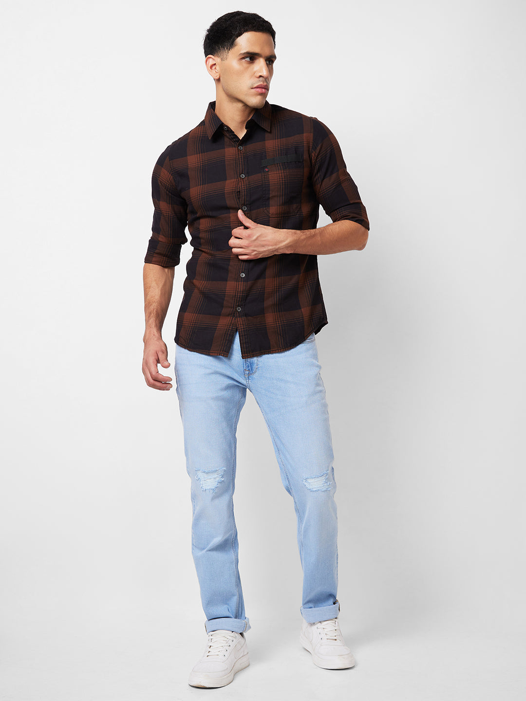 Spykar Khaki Checked Shirt For Men