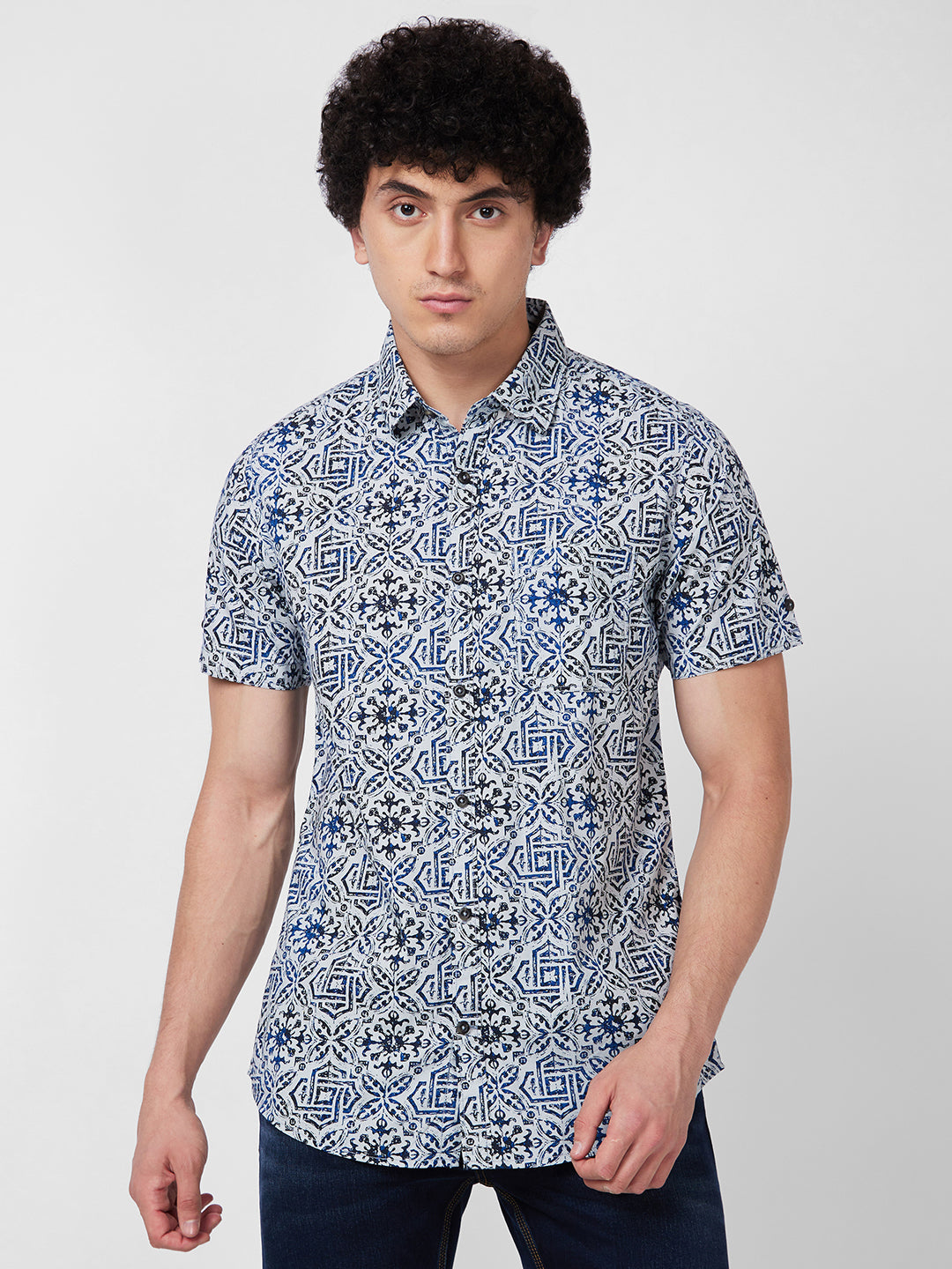 Spykar Blue PRINTED HALF SLEEVE Shirt For Men