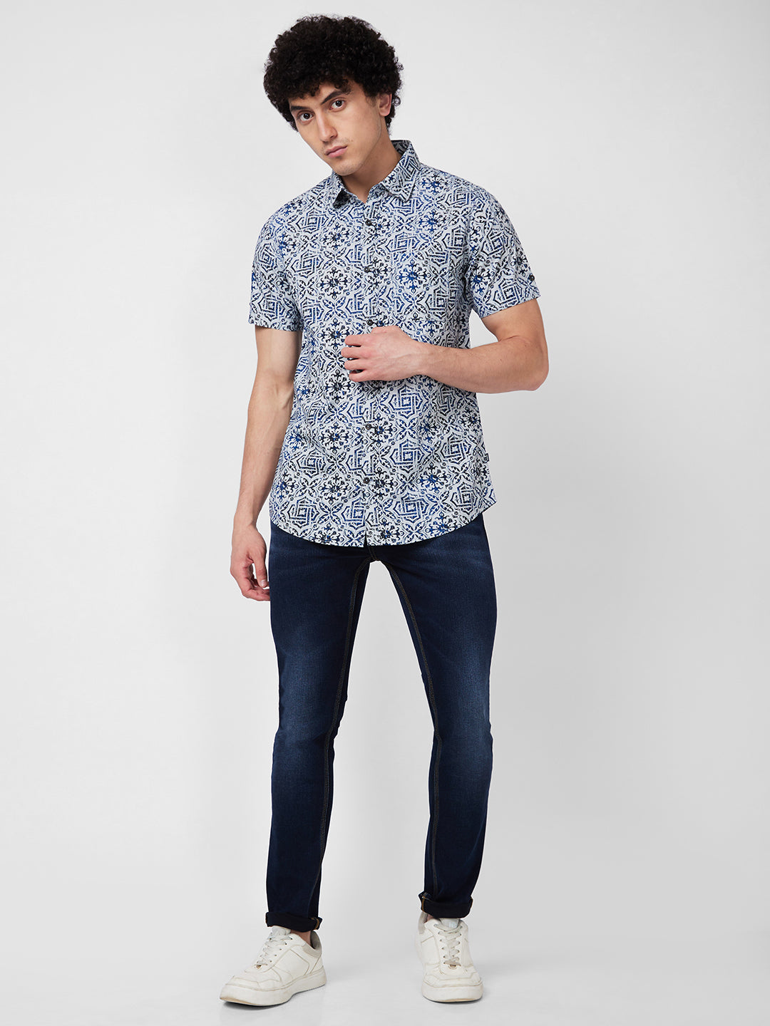Spykar Blue PRINTED HALF SLEEVE Shirt For Men