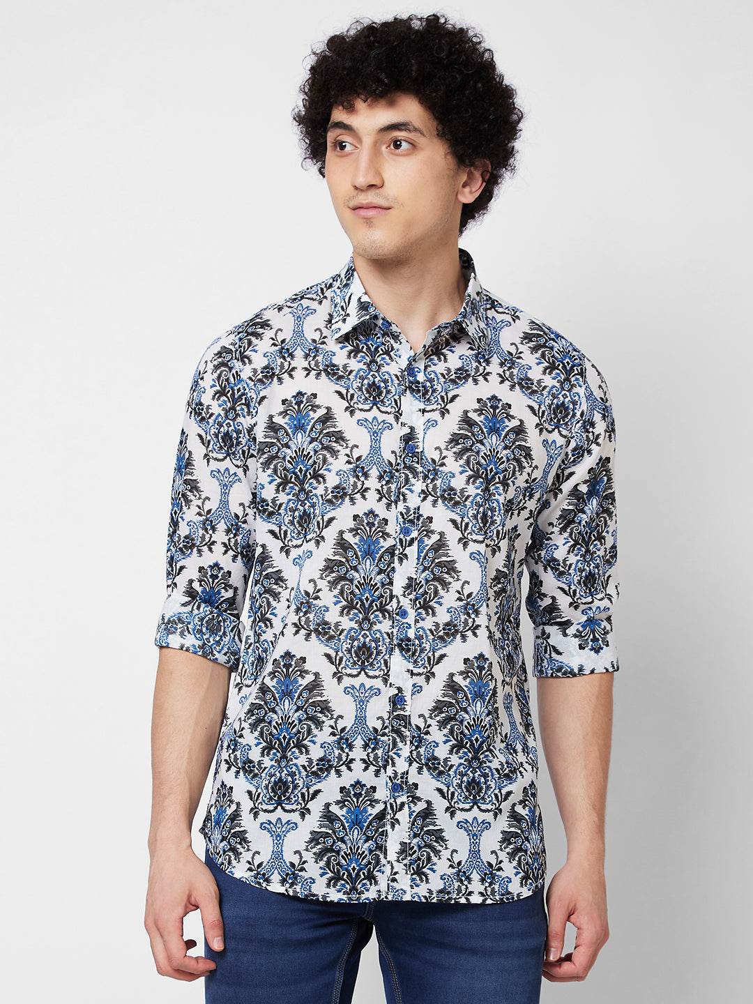 Spykar Blue PRINTED FULL SLEEVE Shirt For Men