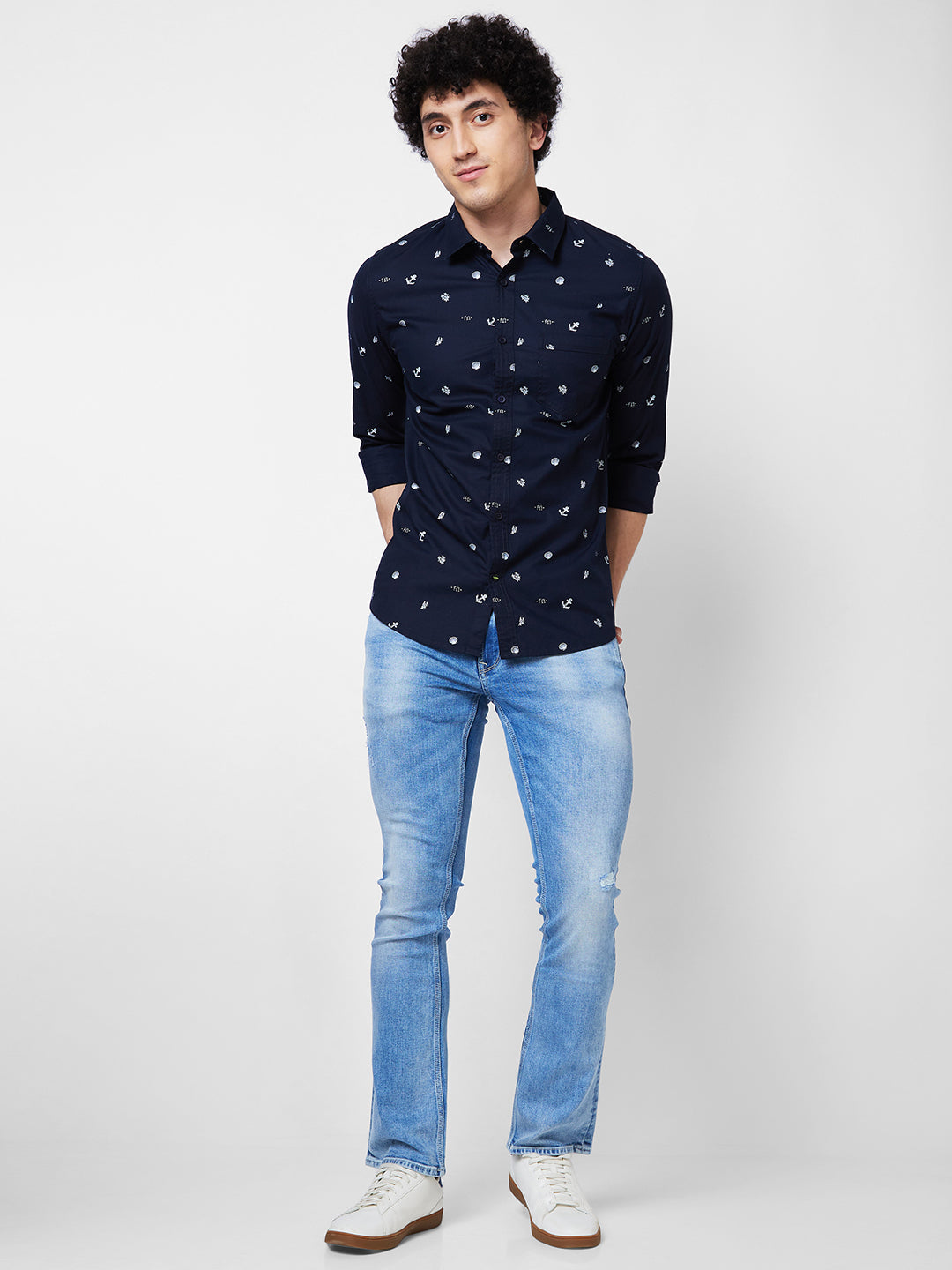 Spykar Blue PRINTED FULL SLEEVE Shirt For Men