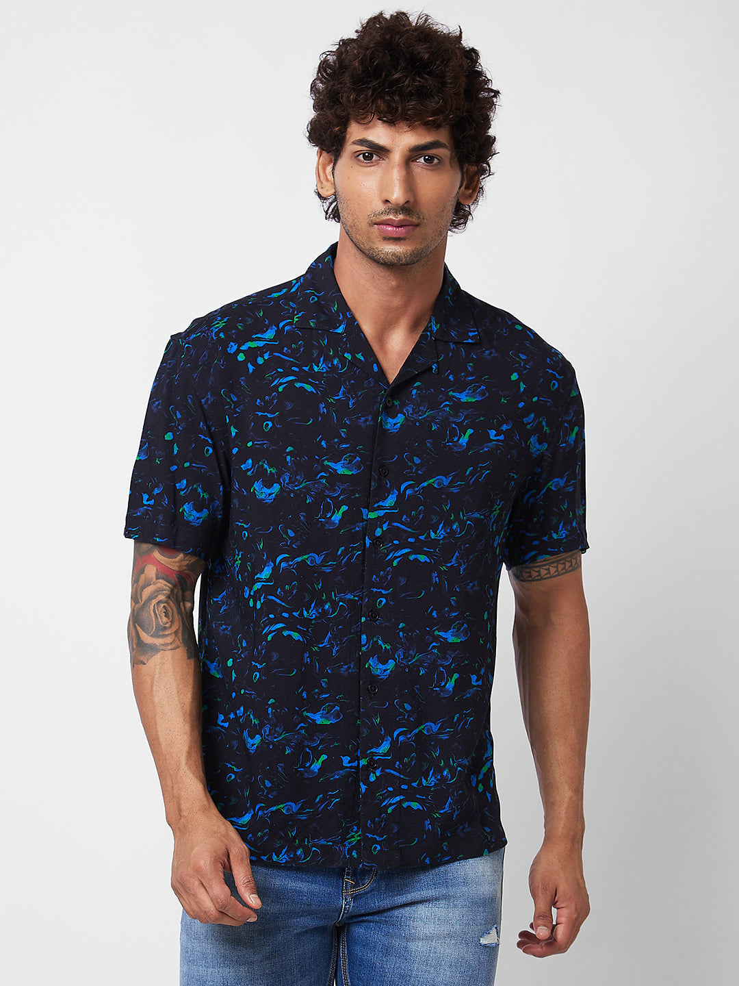 Spykar Blue PRINTED HALF SLEEVE Shirt For Men