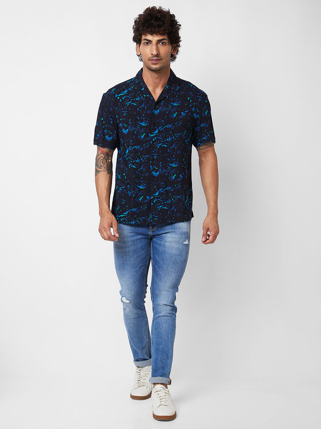 Spykar Blue PRINTED HALF SLEEVE Shirt For Men