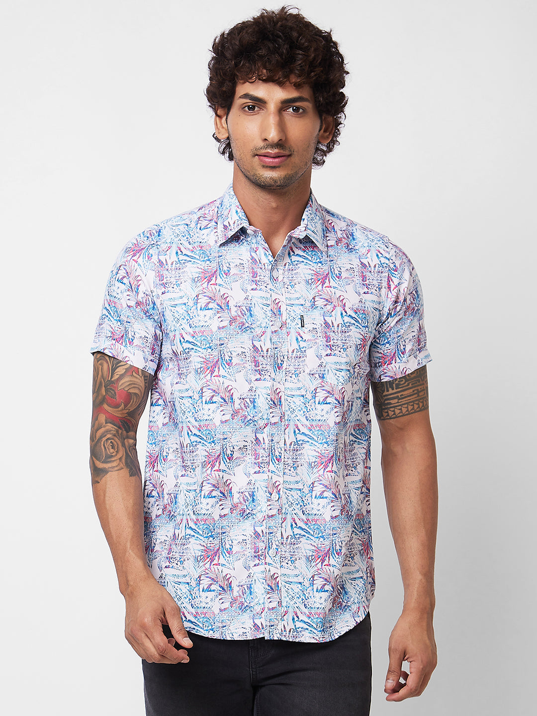 Spykar Blue PRINTED HALF SLEEVE Shirt For Men