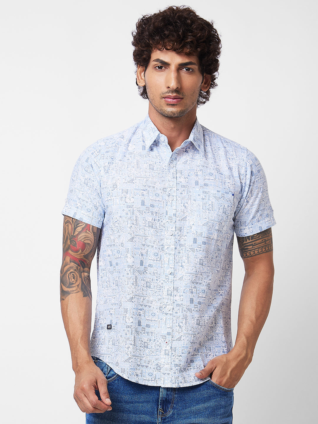 Spykar Blue PRINTED HALF SLEEVE Shirt For Men