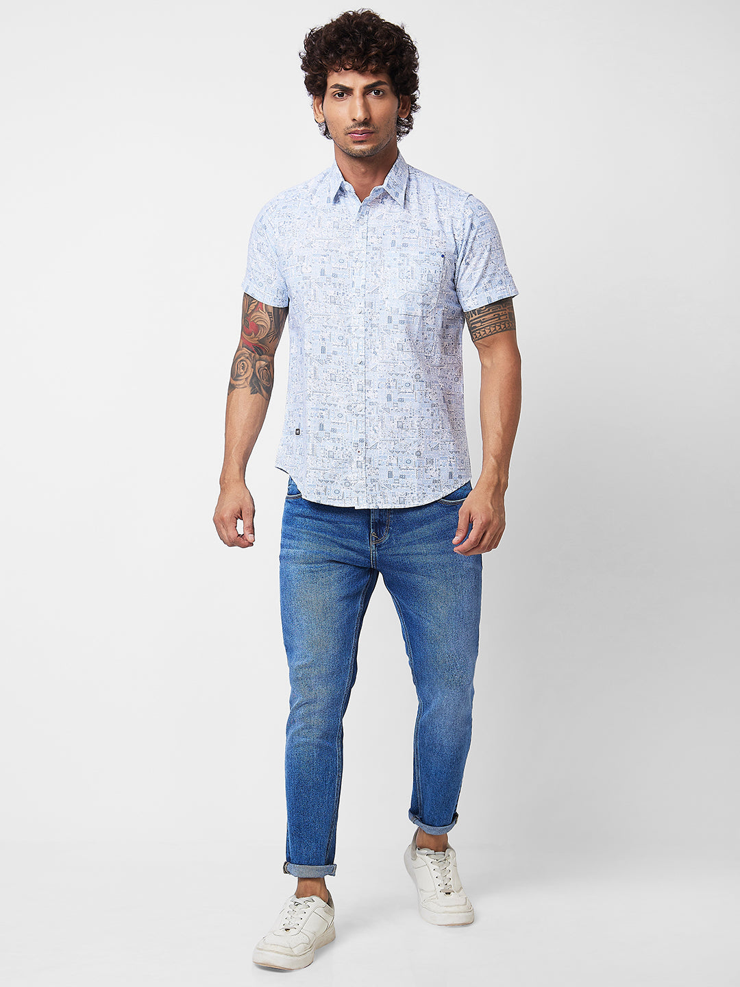 Spykar Blue PRINTED HALF SLEEVE Shirt For Men
