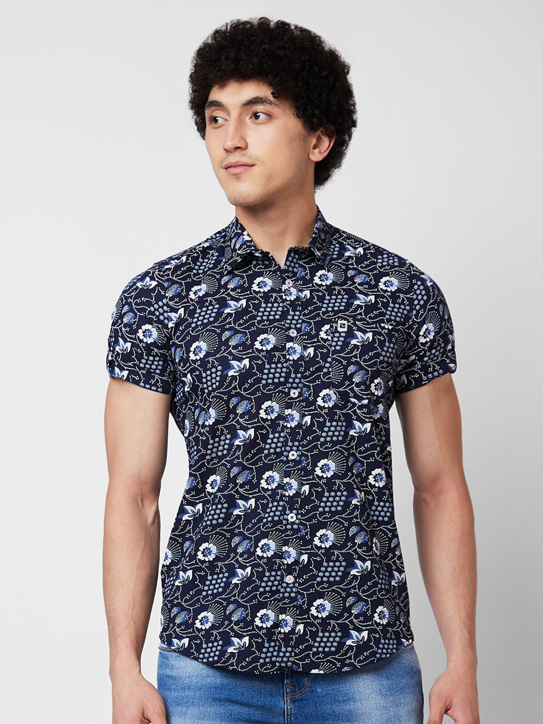 Spykar Blue PRINTED HALF SLEEVE Shirt For Men