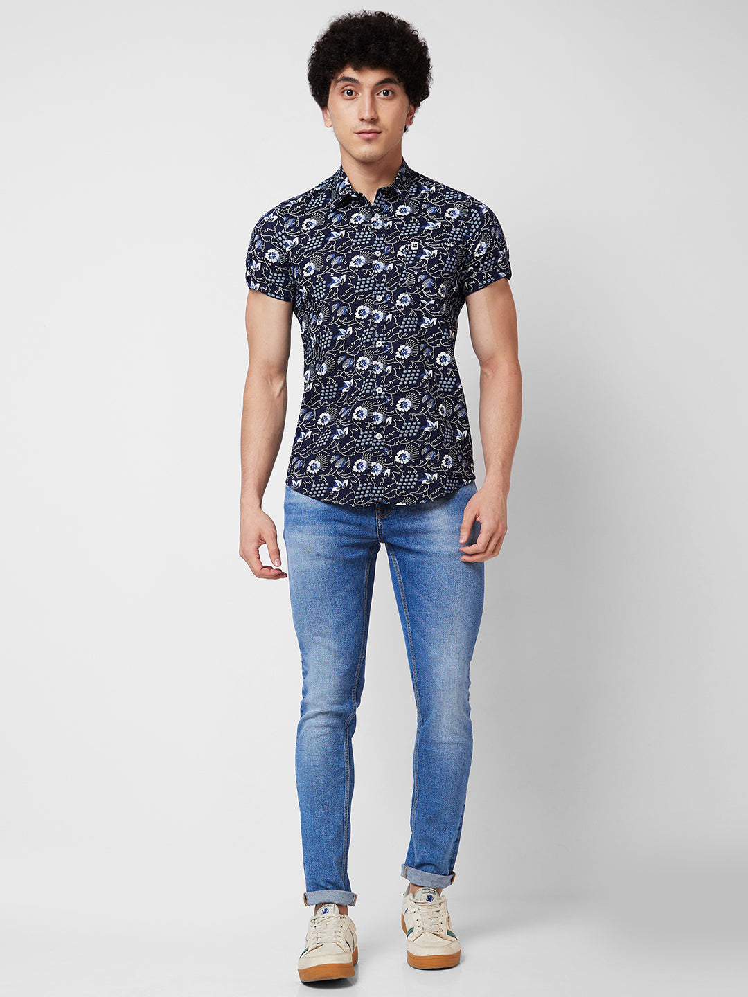 Spykar Blue PRINTED HALF SLEEVE Shirt For Men
