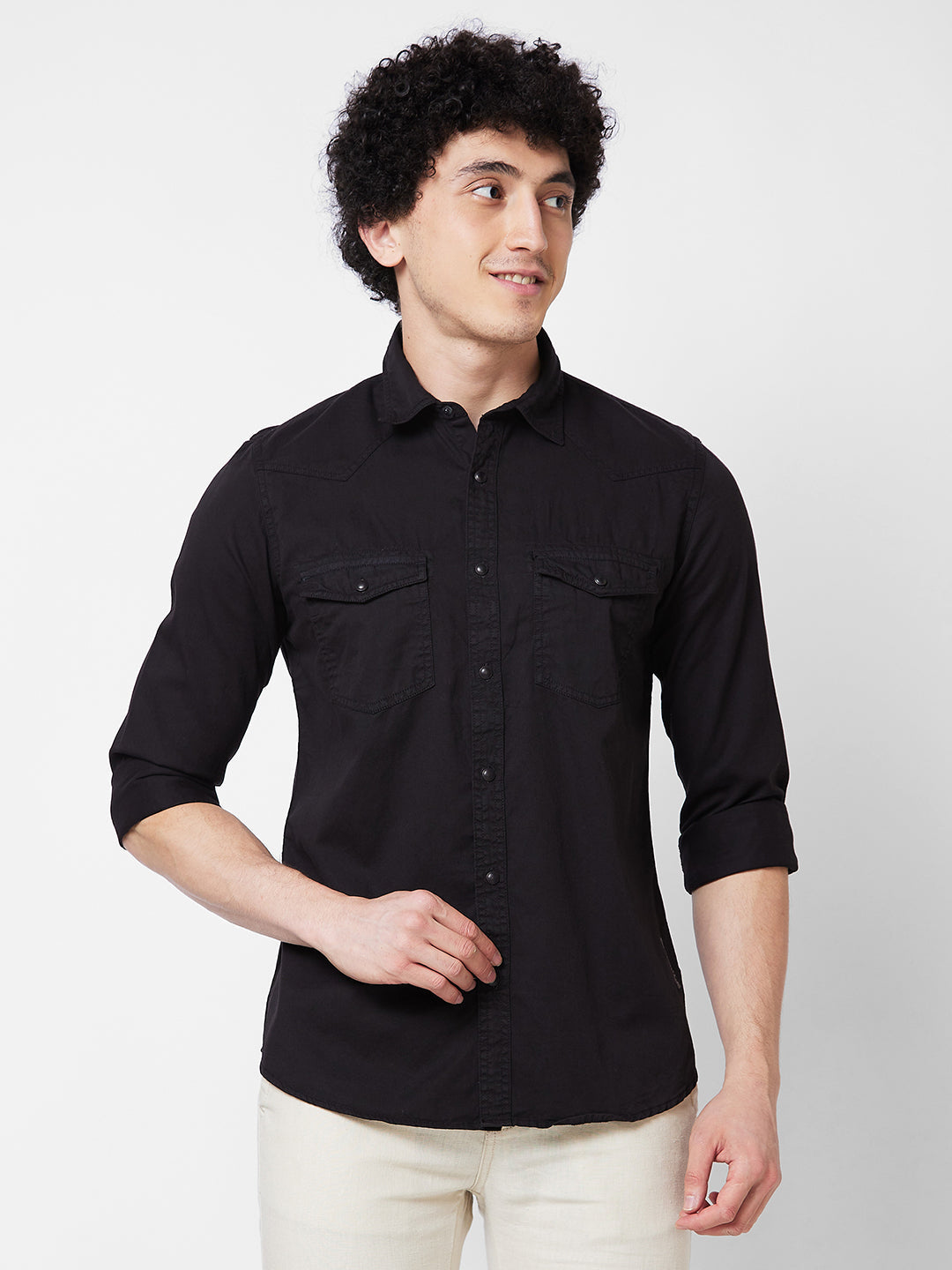 Spykar Black SOLID FULL SLEEVE Shirt For Men
