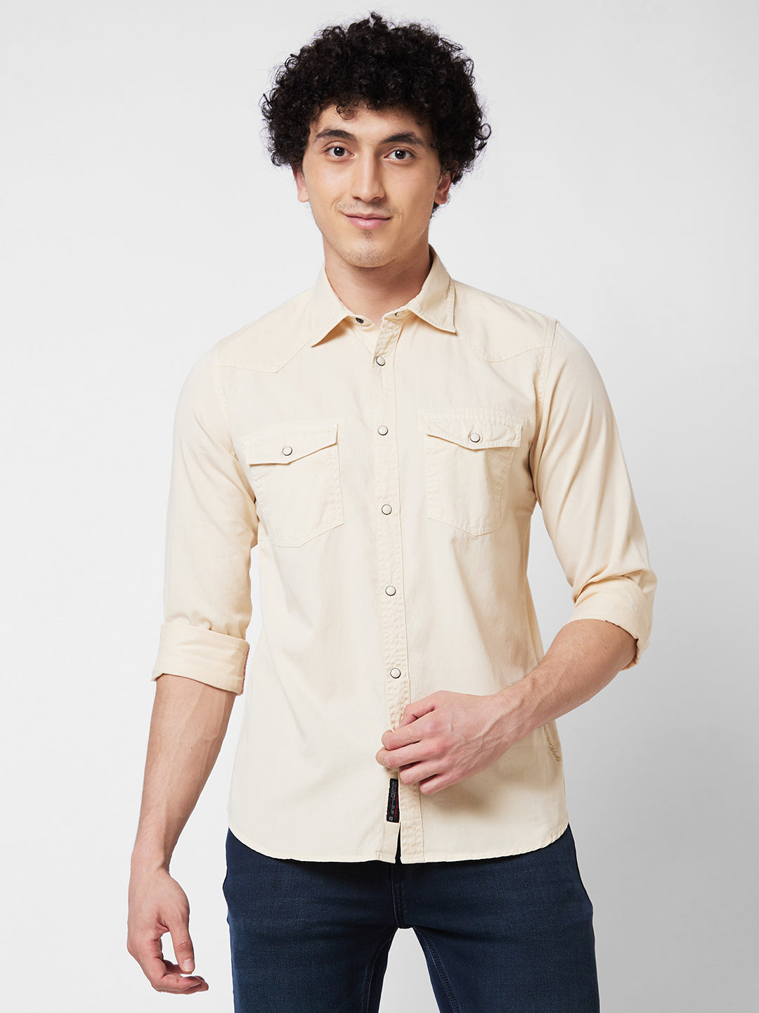 Spykar Beige SOLID FULL SLEEVE Shirt For Men