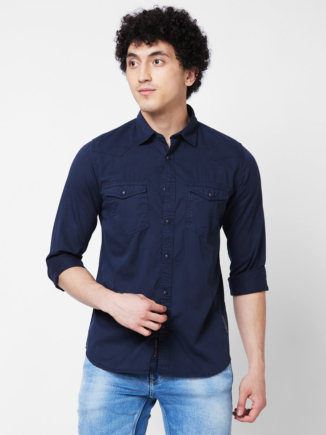 Spykar Blue SOLID FULL SLEEVE Shirt For Men