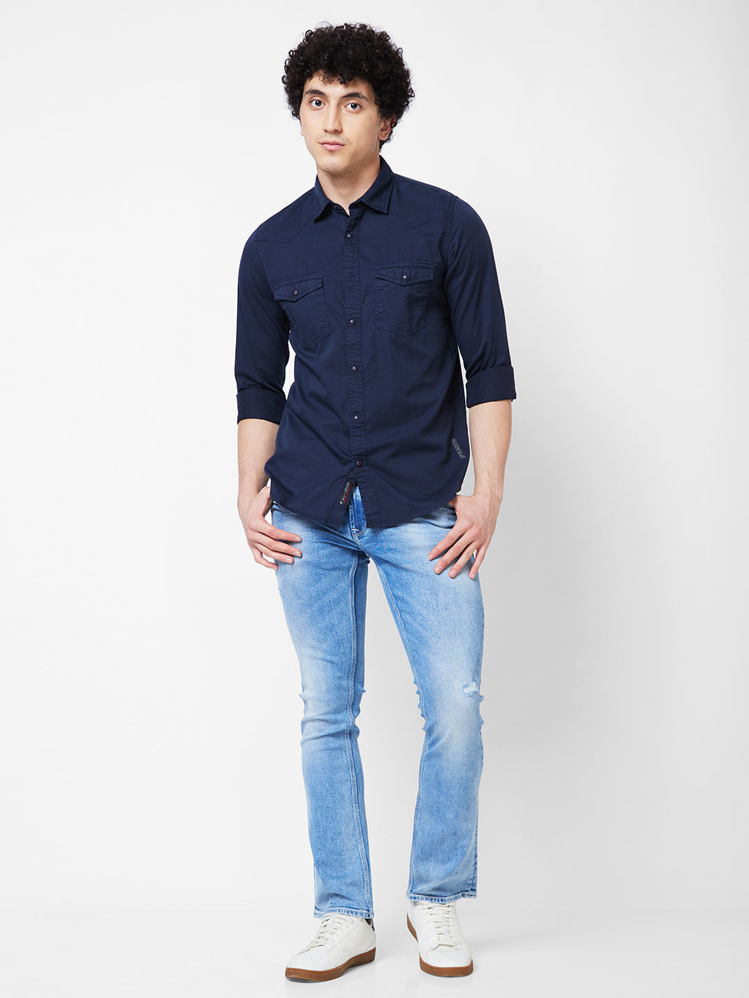 Spykar Blue SOLID FULL SLEEVE Shirt For Men