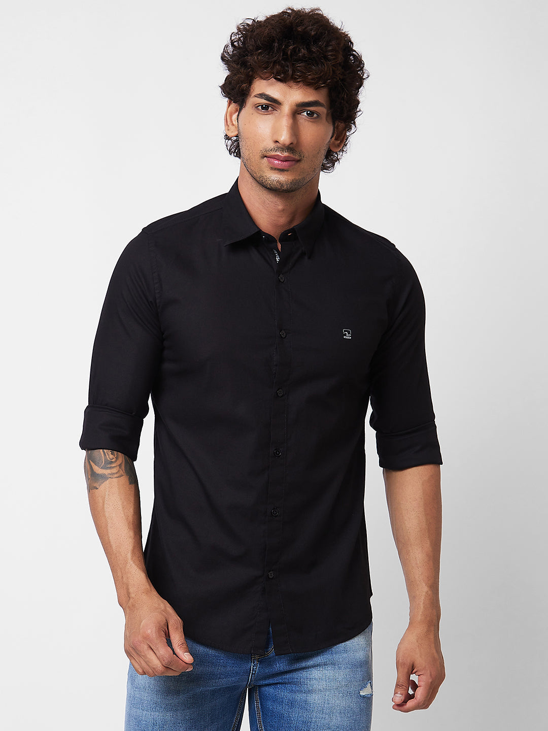 Spykar Black SOLID FULL SLEEVE Shirt For Men