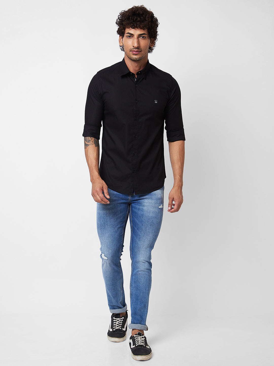 Spykar Black SOLID FULL SLEEVE Shirt For Men