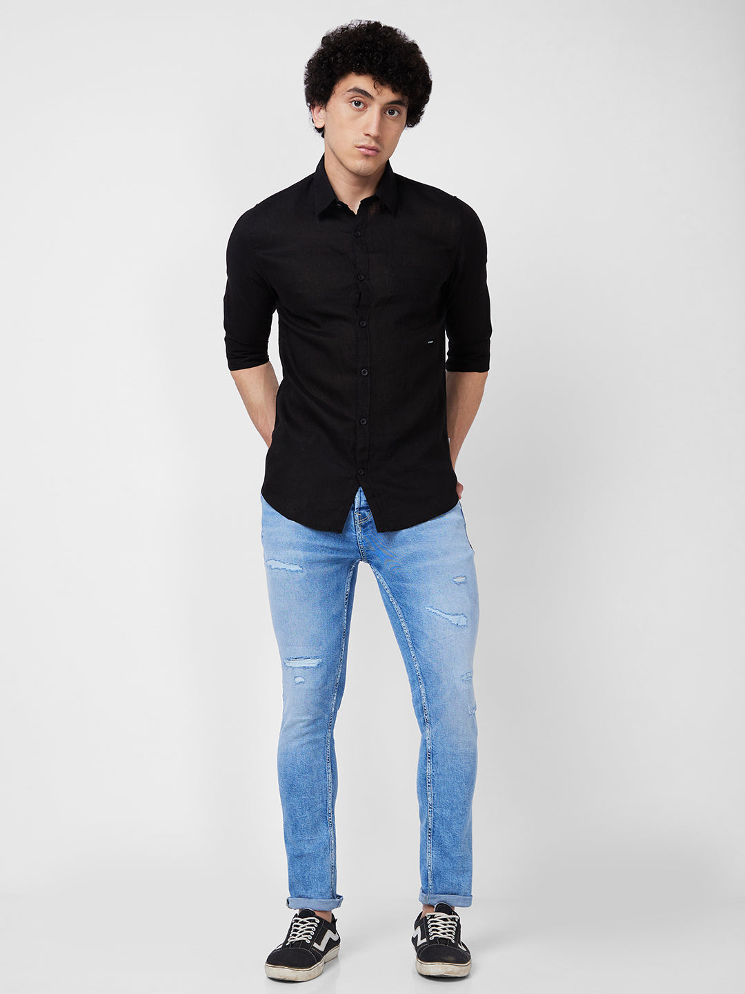 Spykar Black SOLID FULL SLEEVE Shirt For Men
