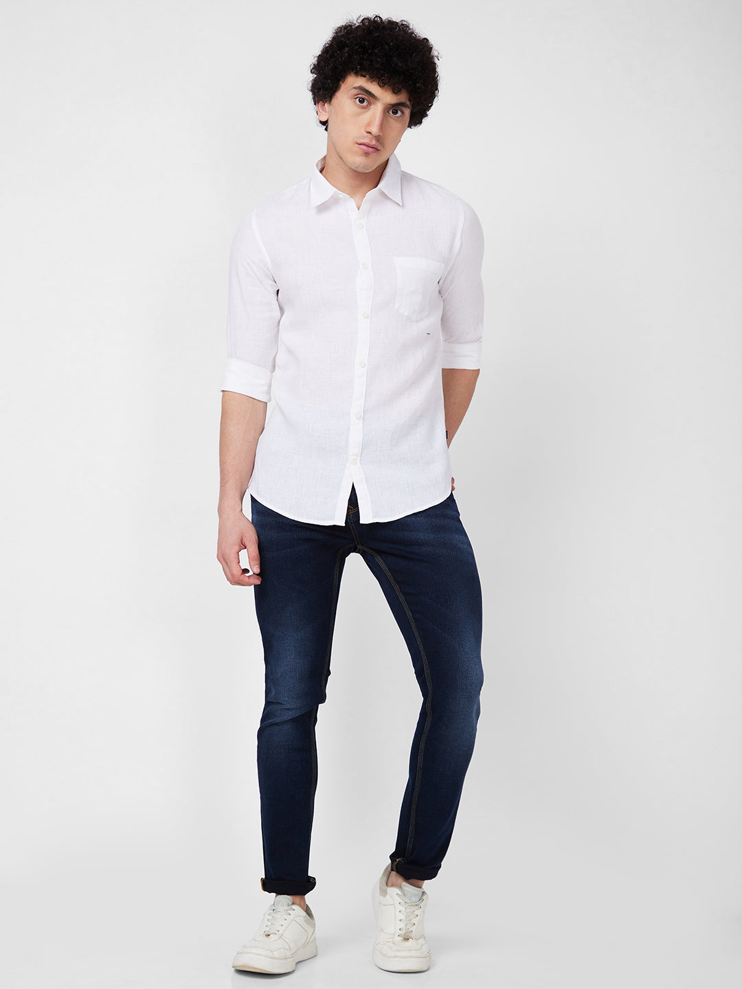 Spykar White SOLID FULL SLEEVE Shirt For Men