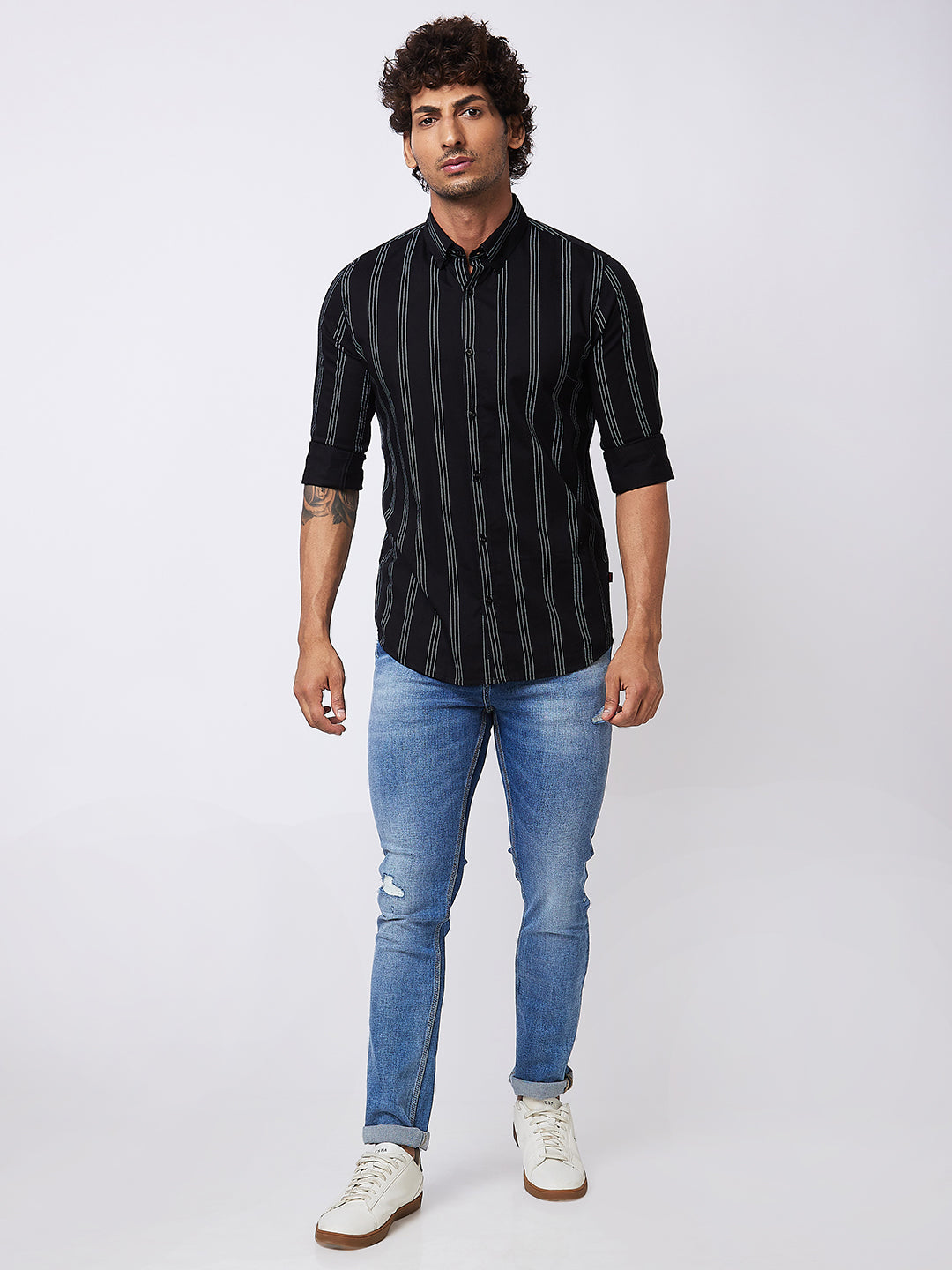Spykar Black STRIPED FULL SLEEVE Shirt For Men