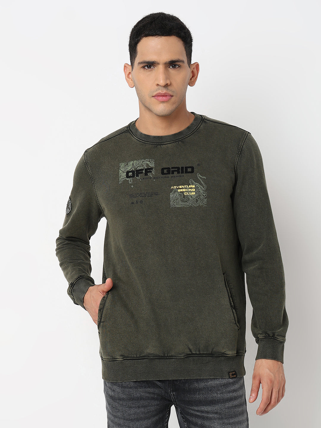 Spykar Round Neck Full Sleeves Green Sweatshirt For Men