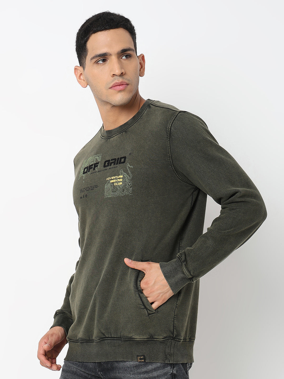 Spykar Round Neck Full Sleeves Green Sweatshirt For Men