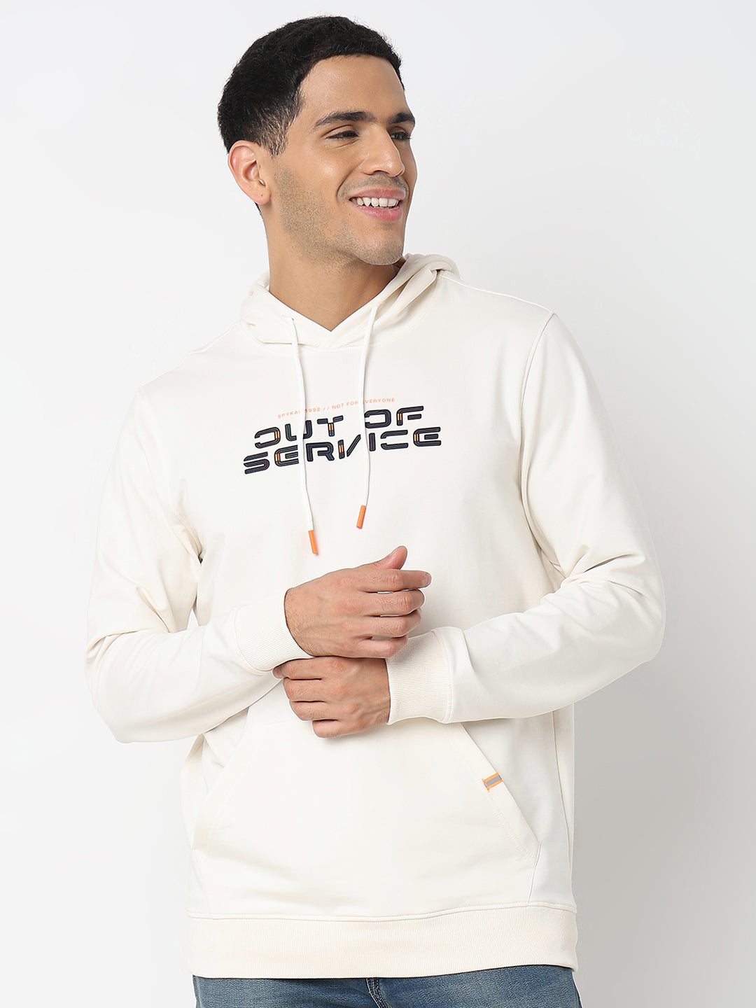 Spykar Hooded Full Sleeves Ecru Sweatshirt For Men