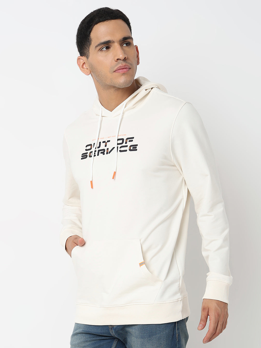 Spykar Hooded Full Sleeves Ecru Sweatshirt For Men