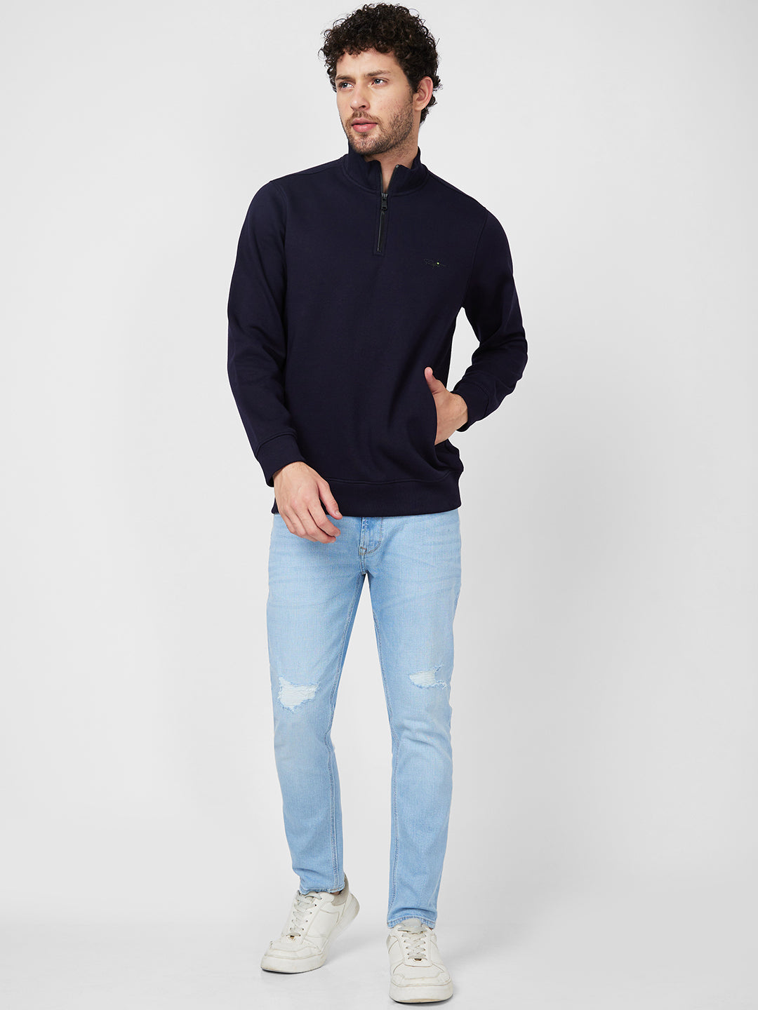 Spykar High Neck Full Sleeve Blue Sweatshirt For Men
