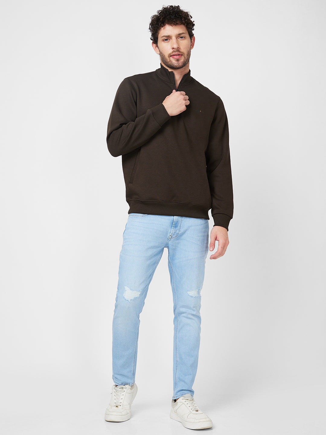 Spykar High Neck Full Sleeve Green Sweatshirt For Men