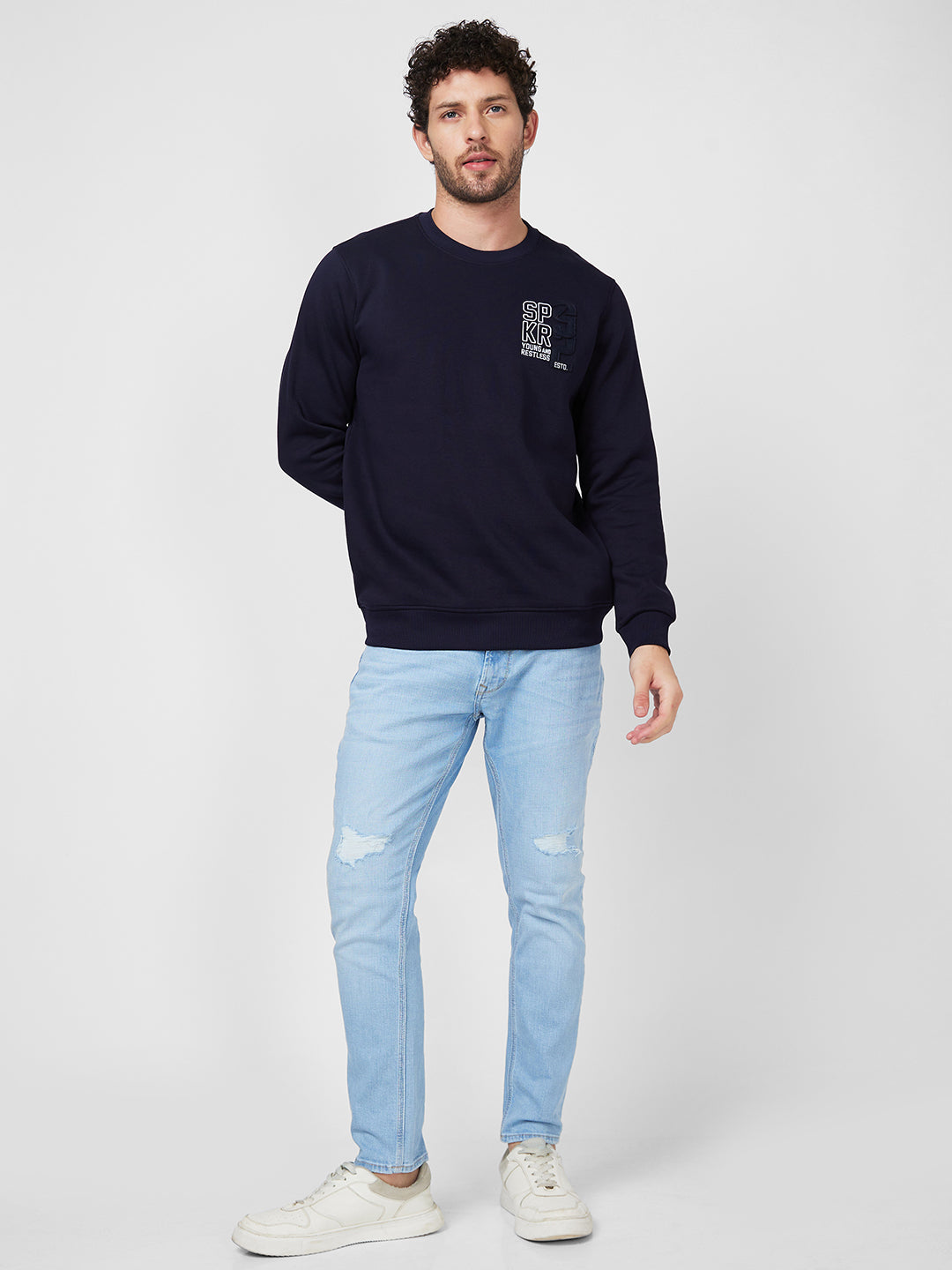 Spykar Slim Fit Round Neck Full Sleeve Blue Sweatshirt For Men