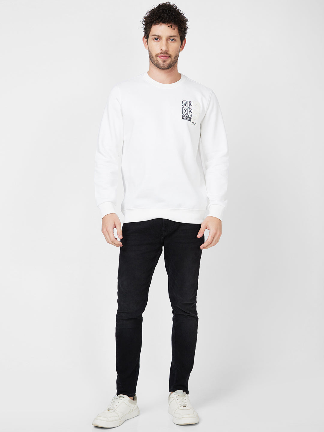 Spykar Slim Fit Round Neck Full Sleeve White Sweatshirt For Men