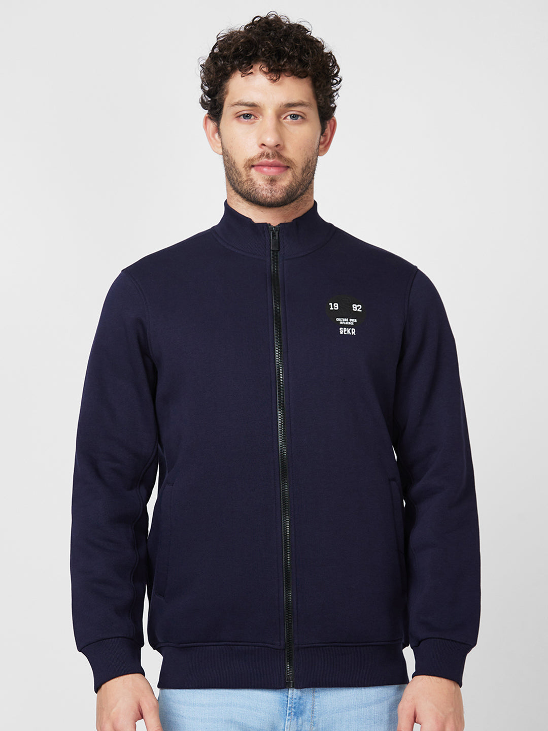 Spykar High Neck Full Sleeve Blue Sweatshirt For Men