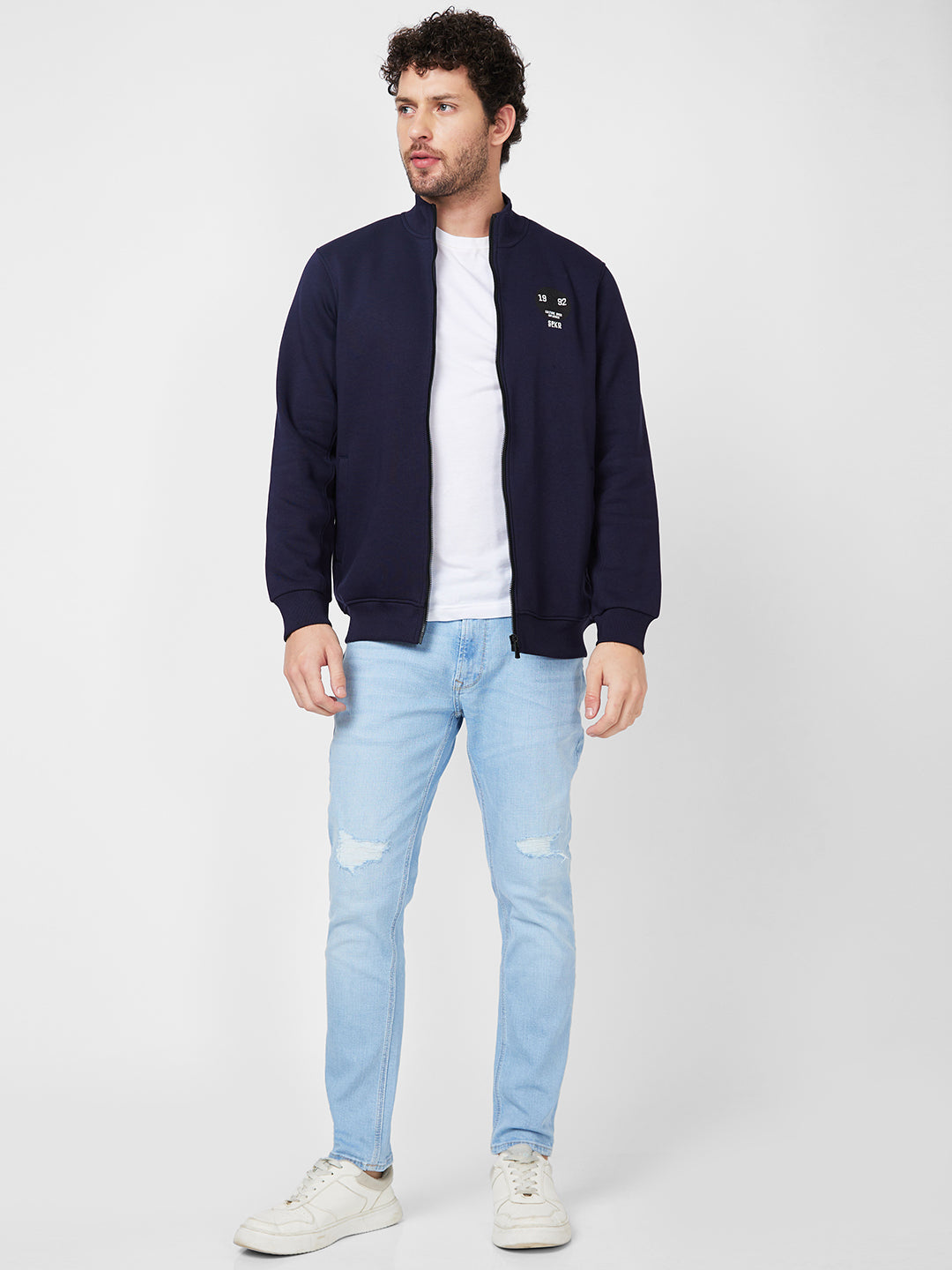 Spykar High Neck Full Sleeve Blue Sweatshirt For Men