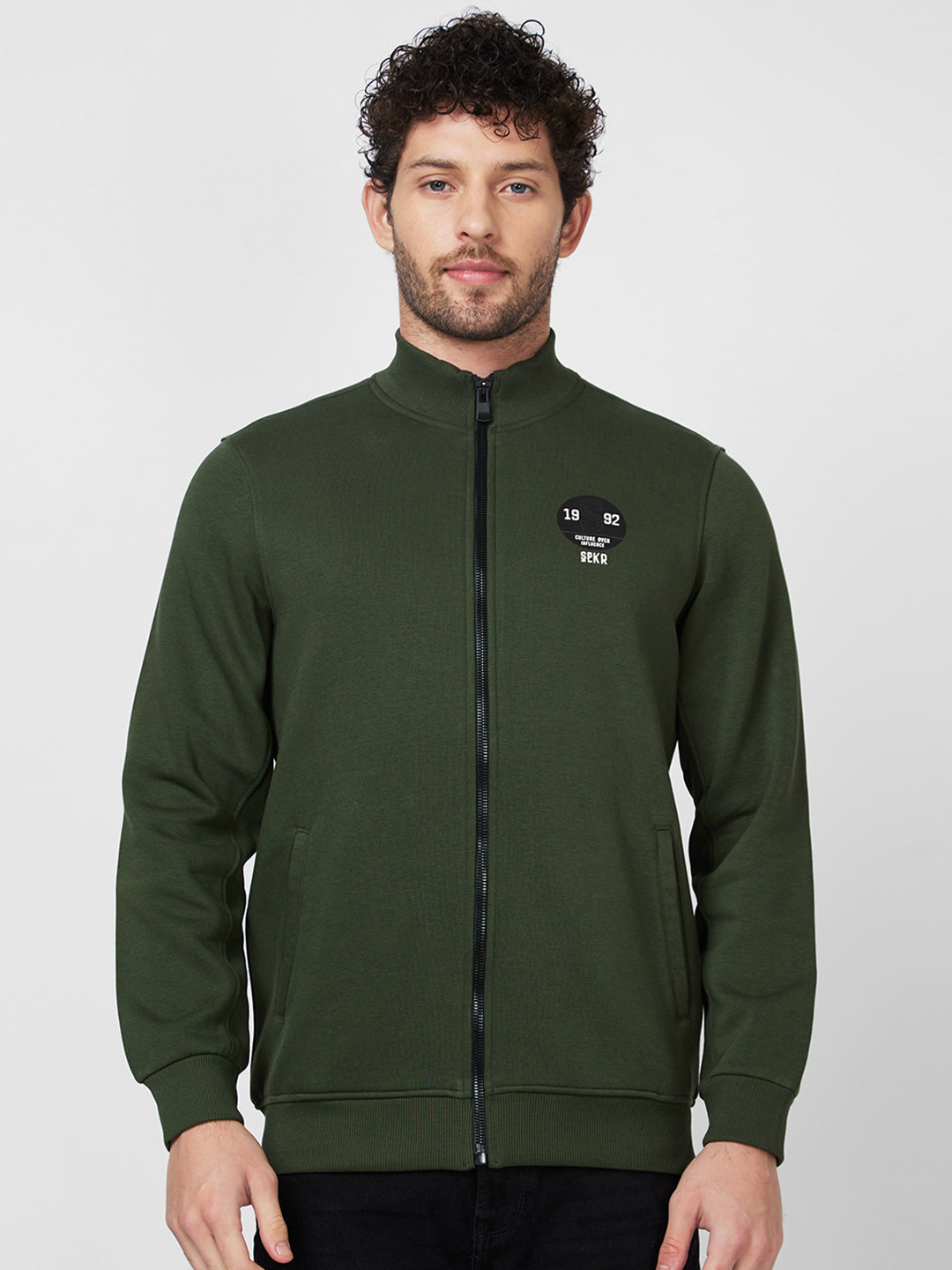 Spykar High Neck Full Sleeve Green Sweatshirt For Men