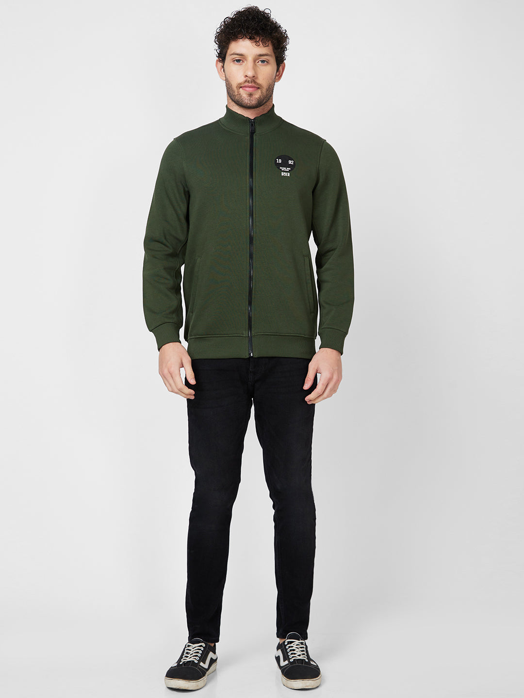 Spykar High Neck Full Sleeve Green Sweatshirt For Men
