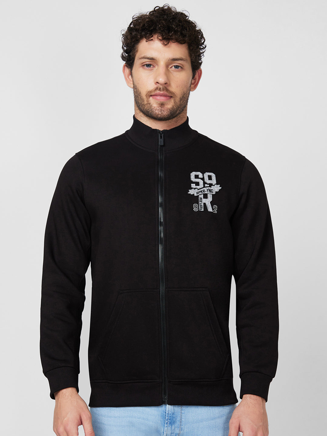 Spykar High Neck Full Sleeve Black Sweatshirt For Men