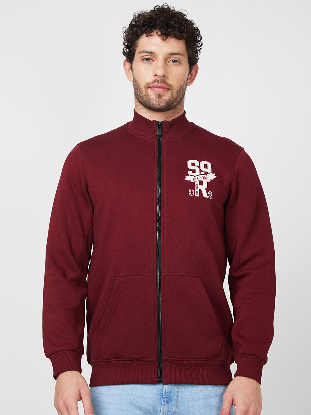 Spykar High Neck Full Sleeve Red Sweatshirt For Men