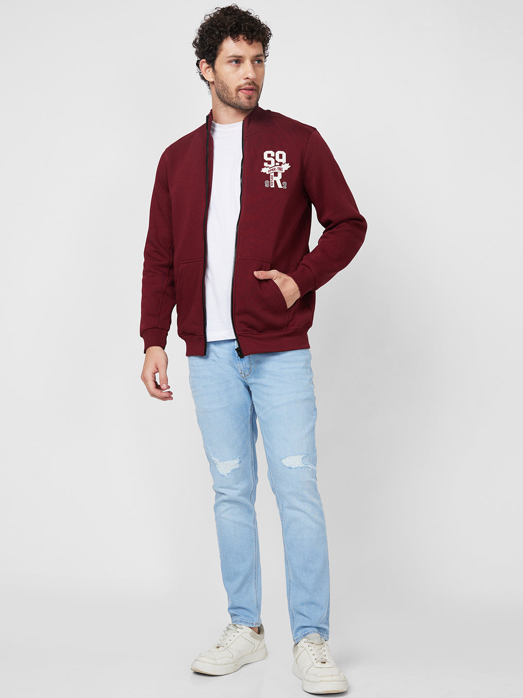 Spykar High Neck Full Sleeve Red Sweatshirt For Men