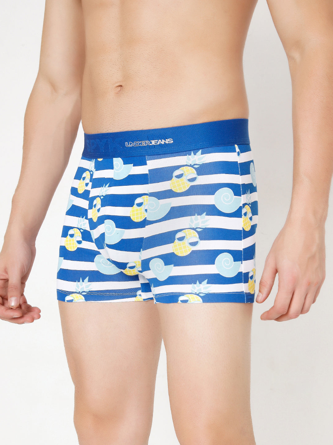 Men White Dark Blue Cotton Blend Regular Fit Trunk- Underjeans By Spykar