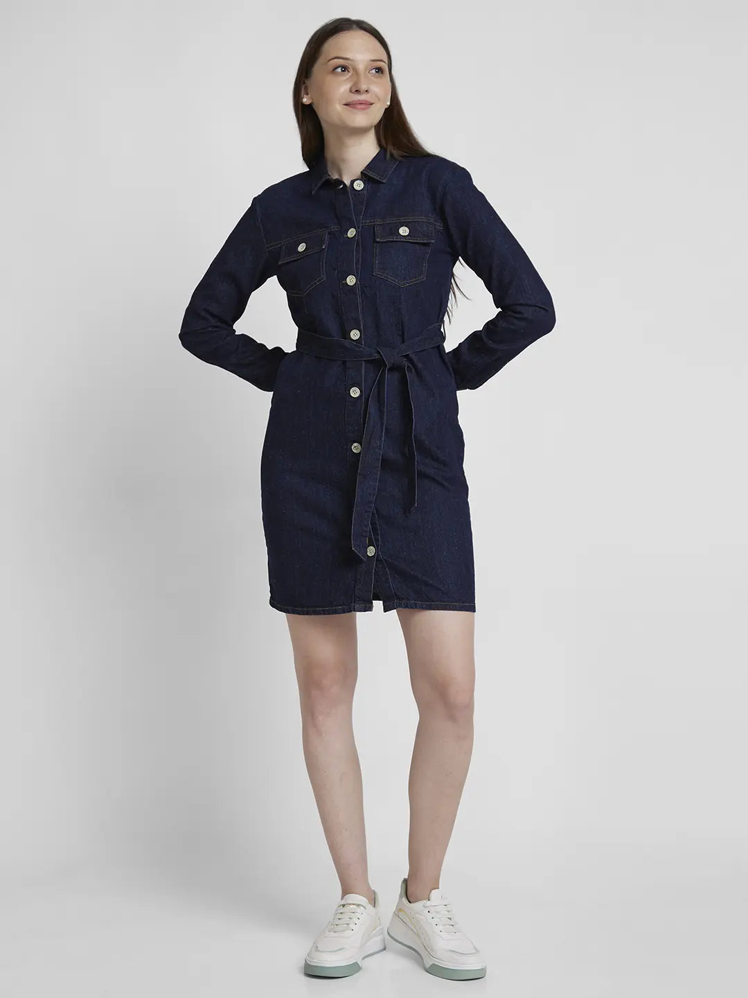 Spykar Women Dark Blue Cotton Regular Fit Classic Collar Knee Length Denim Dress