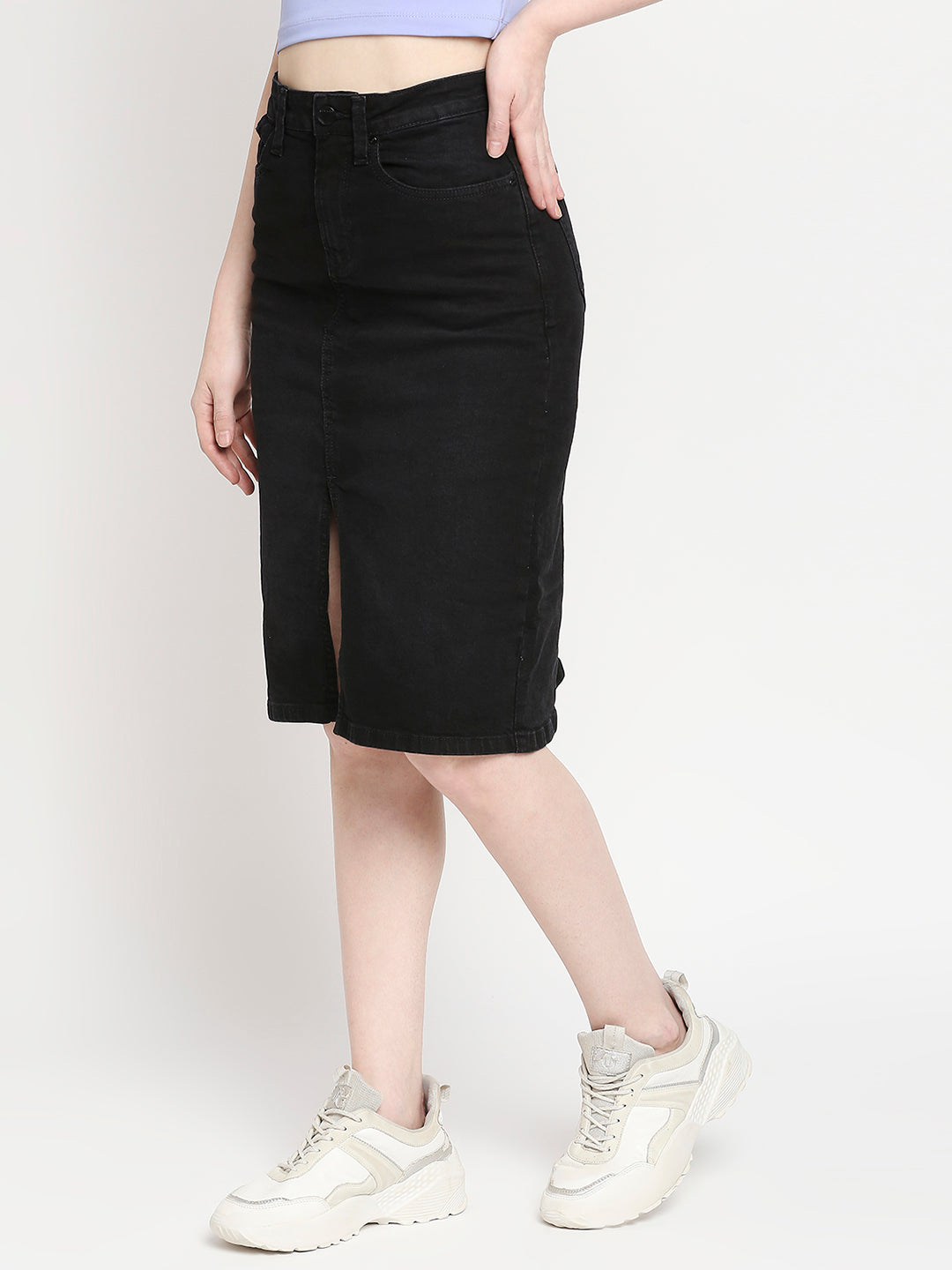 Spykar Black Cotton Straight Fit Regular Length Skirt For Women (Bella)