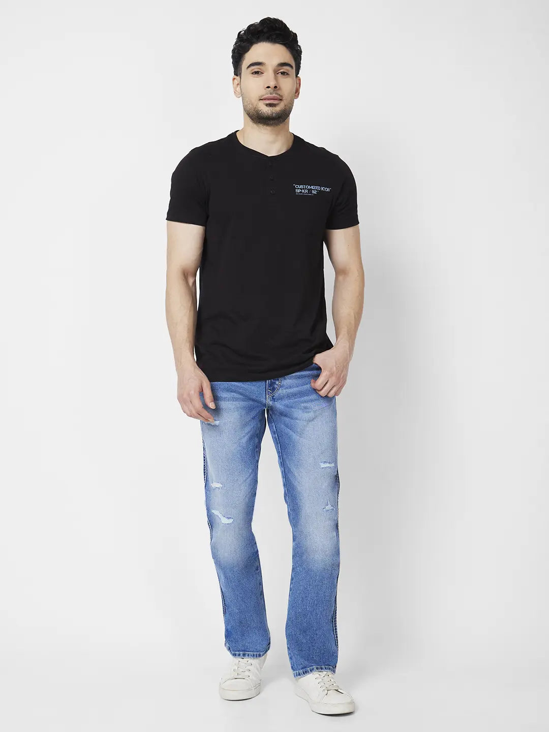 Spykar Men Mid Blue Cotton Comfort Fit Regular Length Mild Distressed Mid Rise Jeans (Rafter)