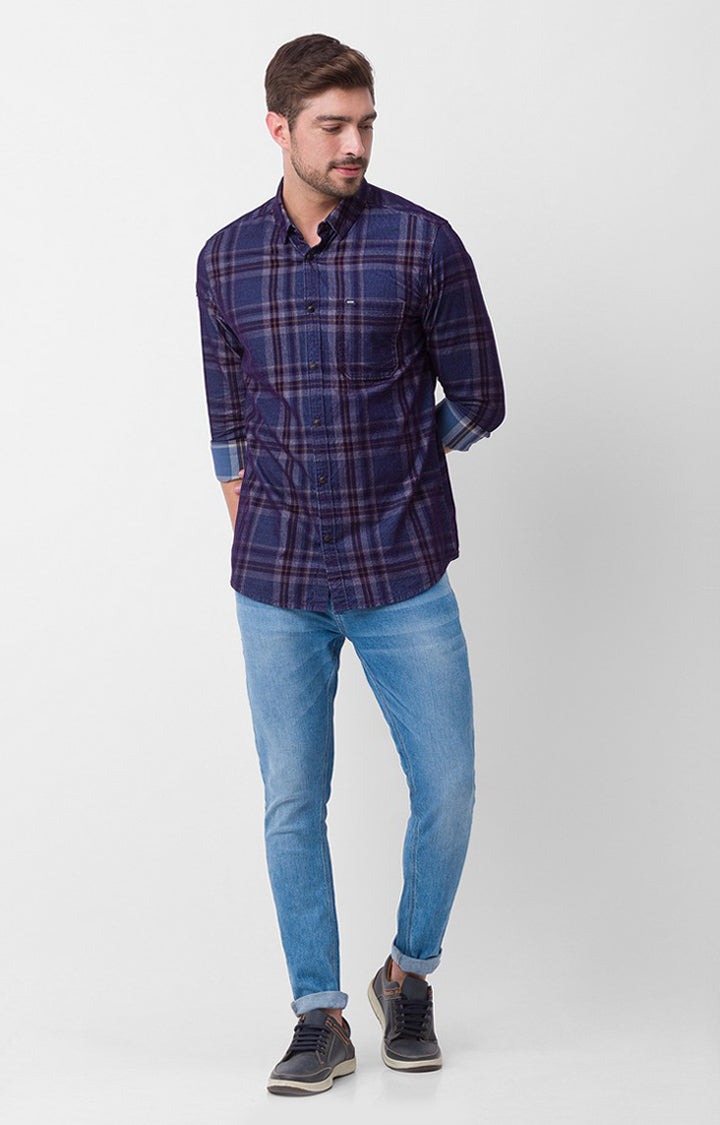 Spykar Sulphur Grey Cotton Full Sleeve Checks Shirt For Men