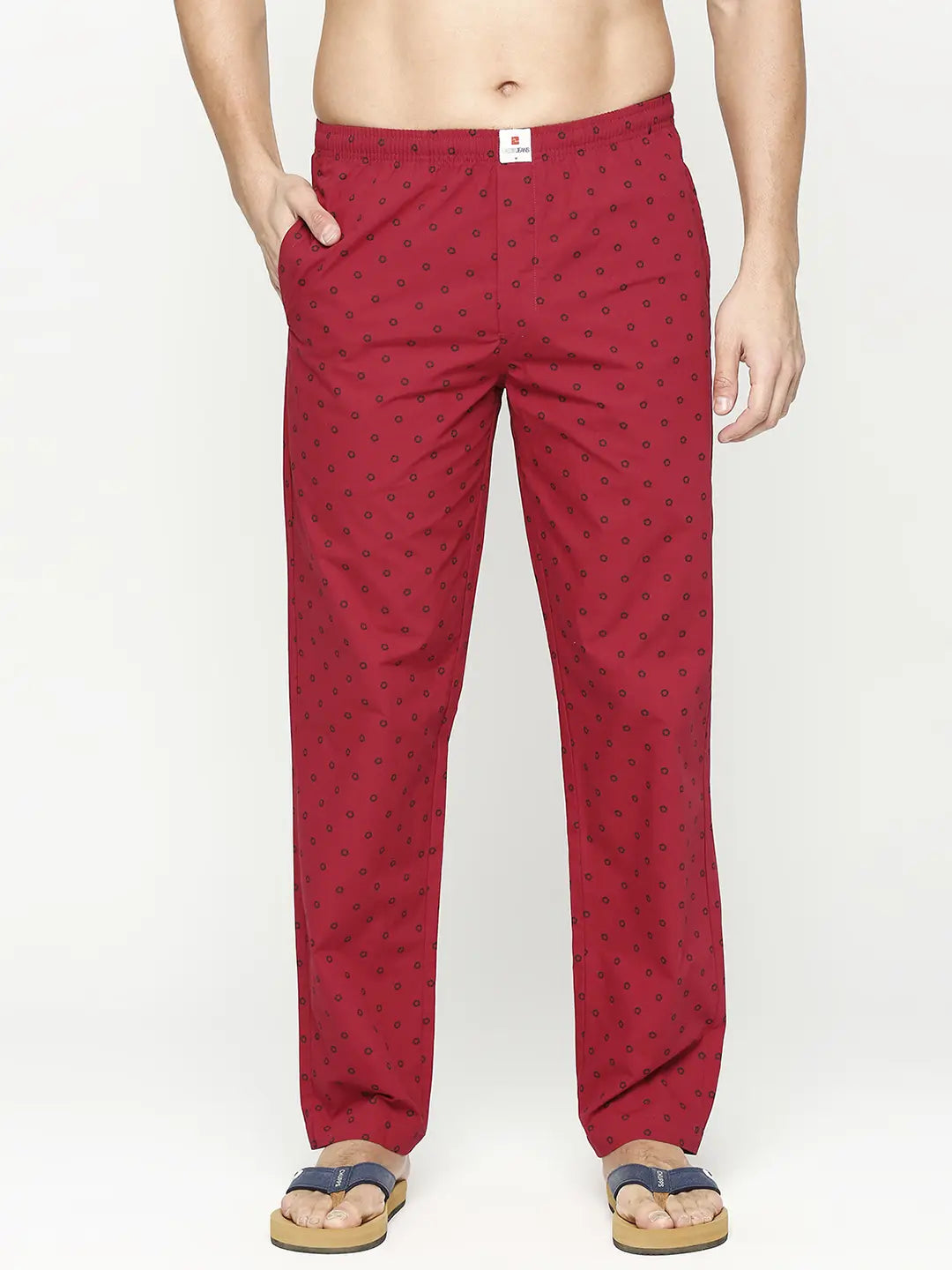 Men Cotton Printed Maroon Pyjama- Underjeans By Spykar