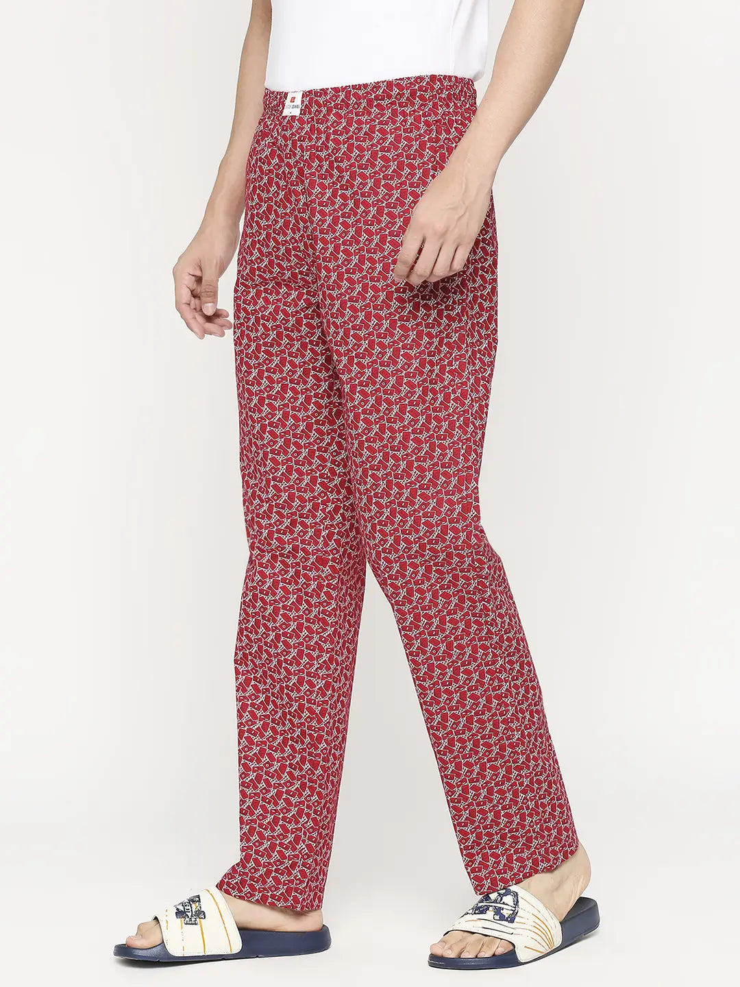 Men Red & White Cotton Regular Fit Pyjama - Underjeans By Spykar