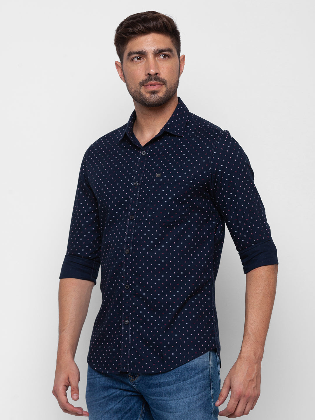 Spykar Navy Blue Cotton Full Sleeve Printed Shirt For Men