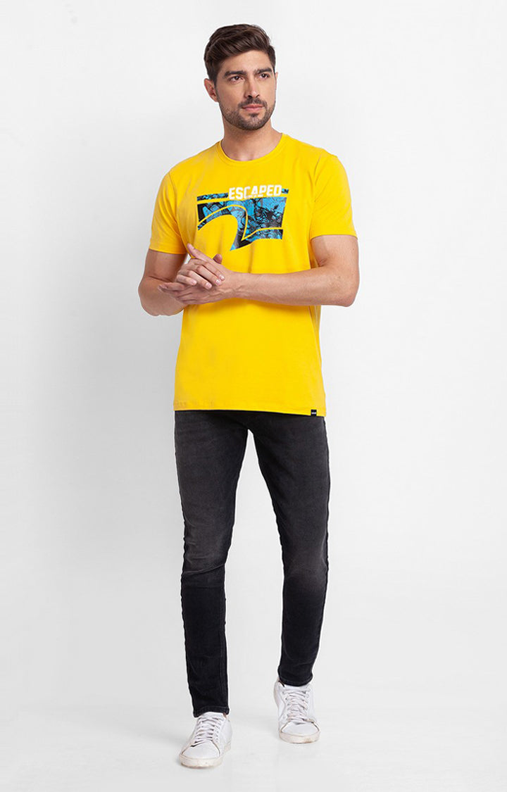 Spykar Chrome Yellow Cotton Half Sleeve Printed Casual T-Shirt For Men
