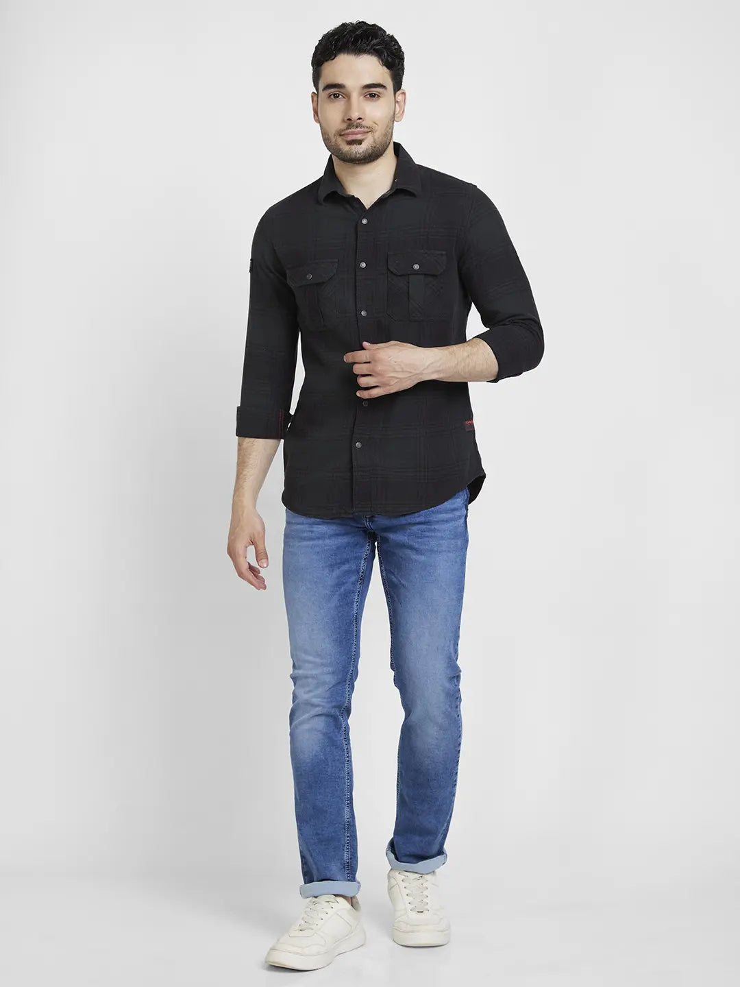 Spykar Men Teal Green Cotton Regular Slim Fit Full Sleeve Checkered Shirt
