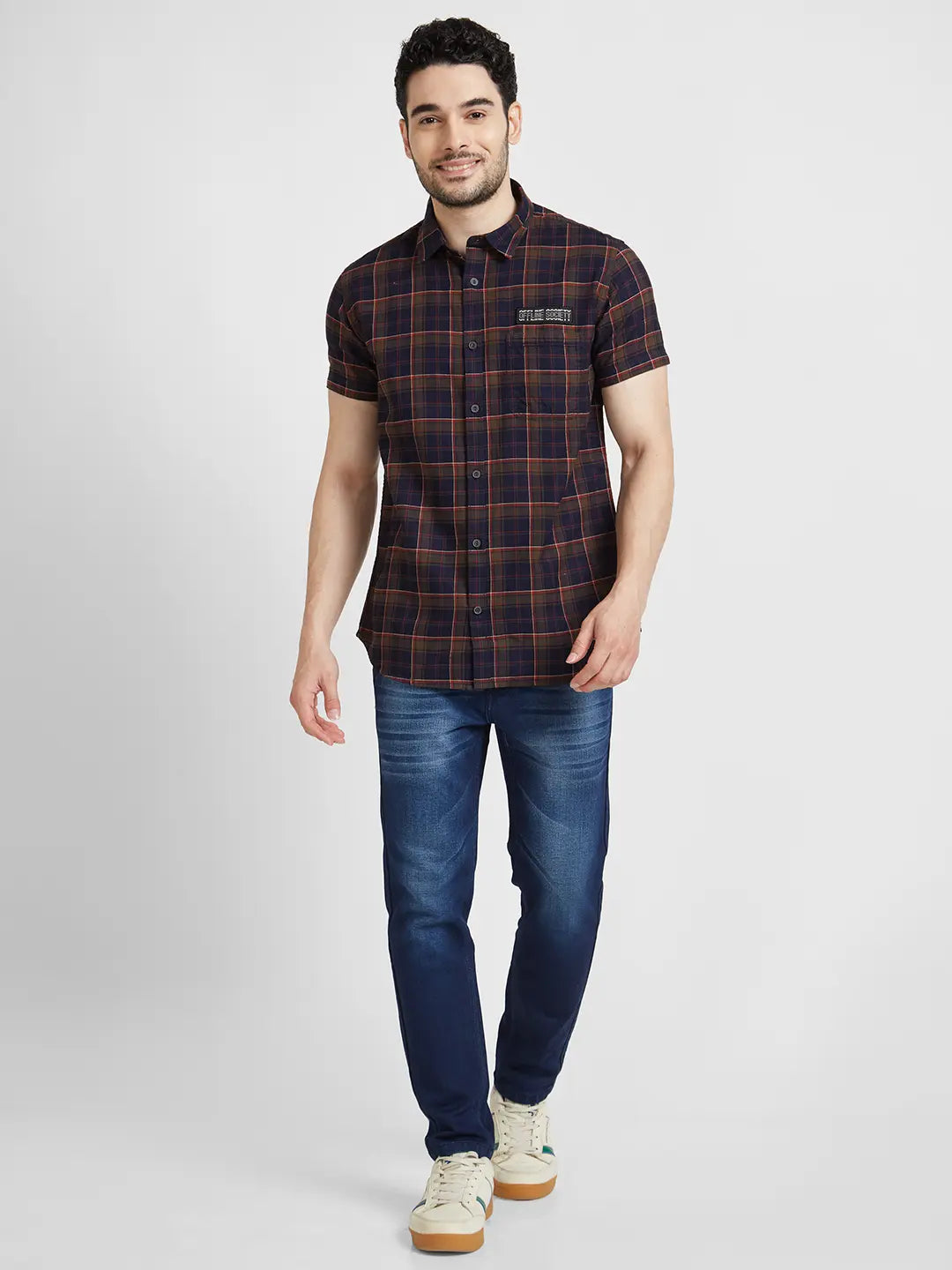 Spykar Men Brick Red Cotton Regular Slim Fit Half Sleeve Checkered Shirt