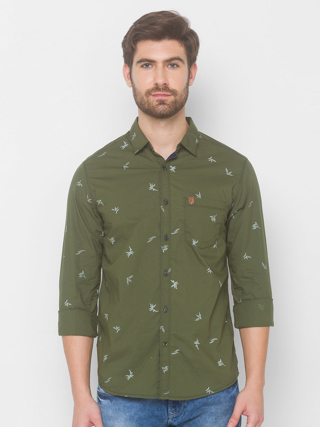 Spykar Men Olive Green Cotton Slim Fit Shirt