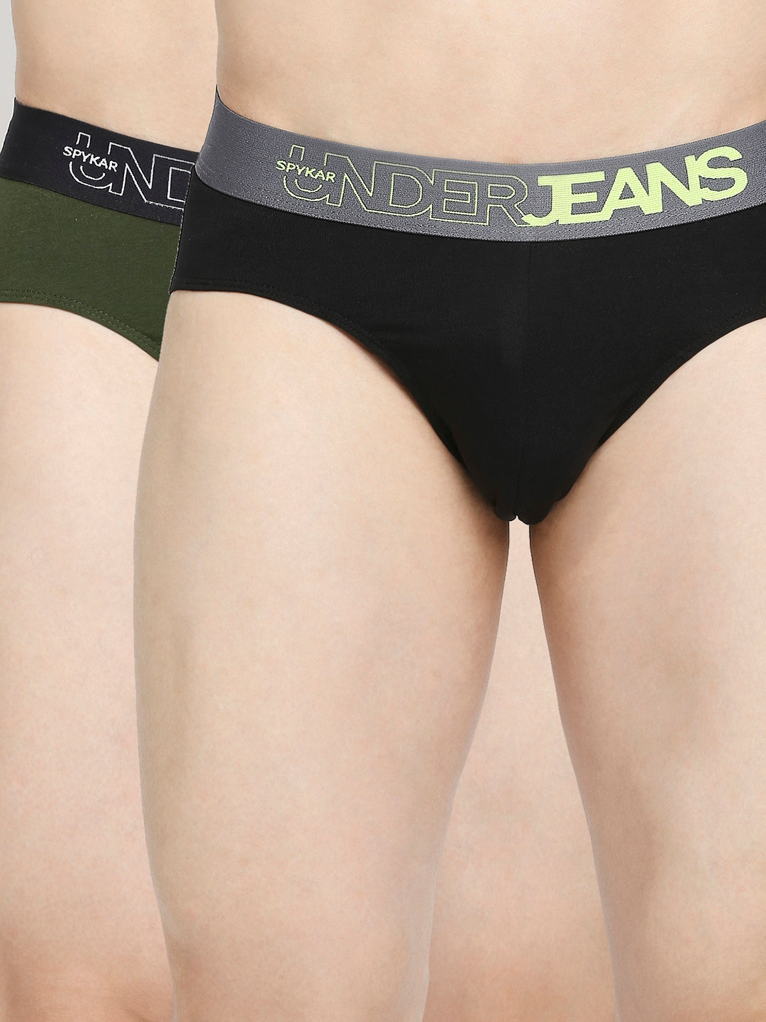 Men Olive & Black Cotton Blend Brief - Pack Of 2- Underjeans By Spykar